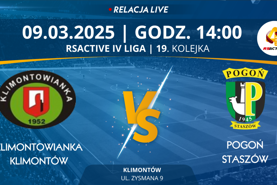 Mecz 19. kolejki RS ACTIVE IV Ligi Świętokrzyskiej: Klimontowianka Klimontów - Pogoń Staszów (RELACJA LIVE)