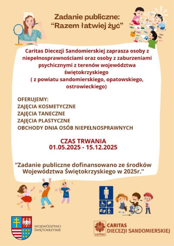 Caritas Sandomierska zaprasza do projektu „Razem łatwiej żyć” – aktywizacja osób z niepełnosprawnościami