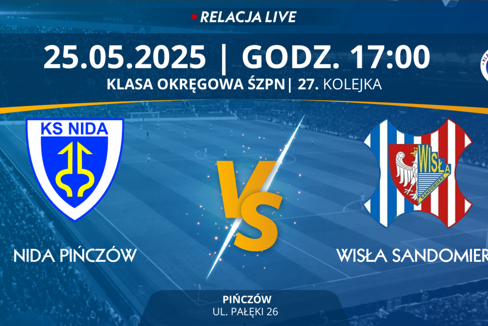 Mecz 27. kolejki Świętokrzyskiej Klasy Okręgowej: NIDA PIŃCZÓW - WISŁA SANDOMIERZ (RELACJA LIVE)