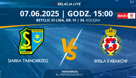 Mecz 34. kolejki, GR. IV, Betclic III Ligi: Siarka Tarnobrzeg - Wisła II Kraków (RELACJA LIVE)
