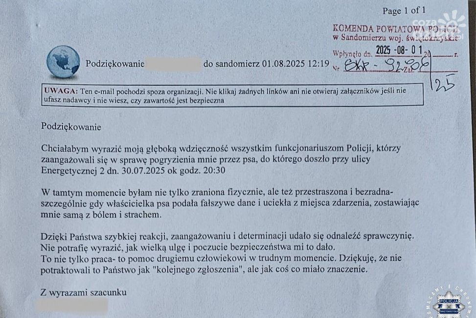 „Nie tylko kolejna interwencja” – sandomierska policja zareagowała skutecznie po pogryzieniu przez psa