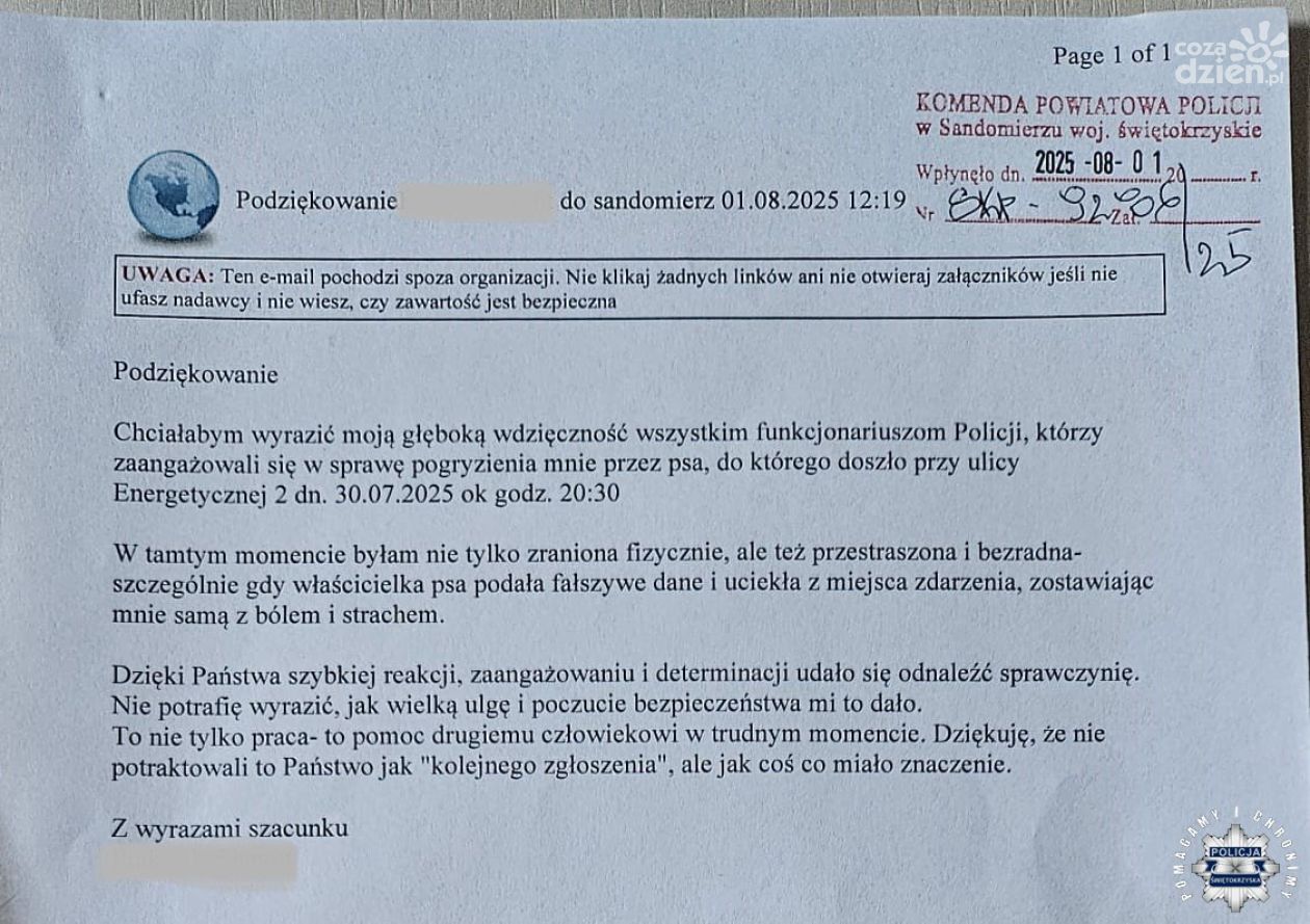 „Nie tylko kolejna interwencja” – sandomierska policja zareagowała skutecznie po pogryzieniu przez psa