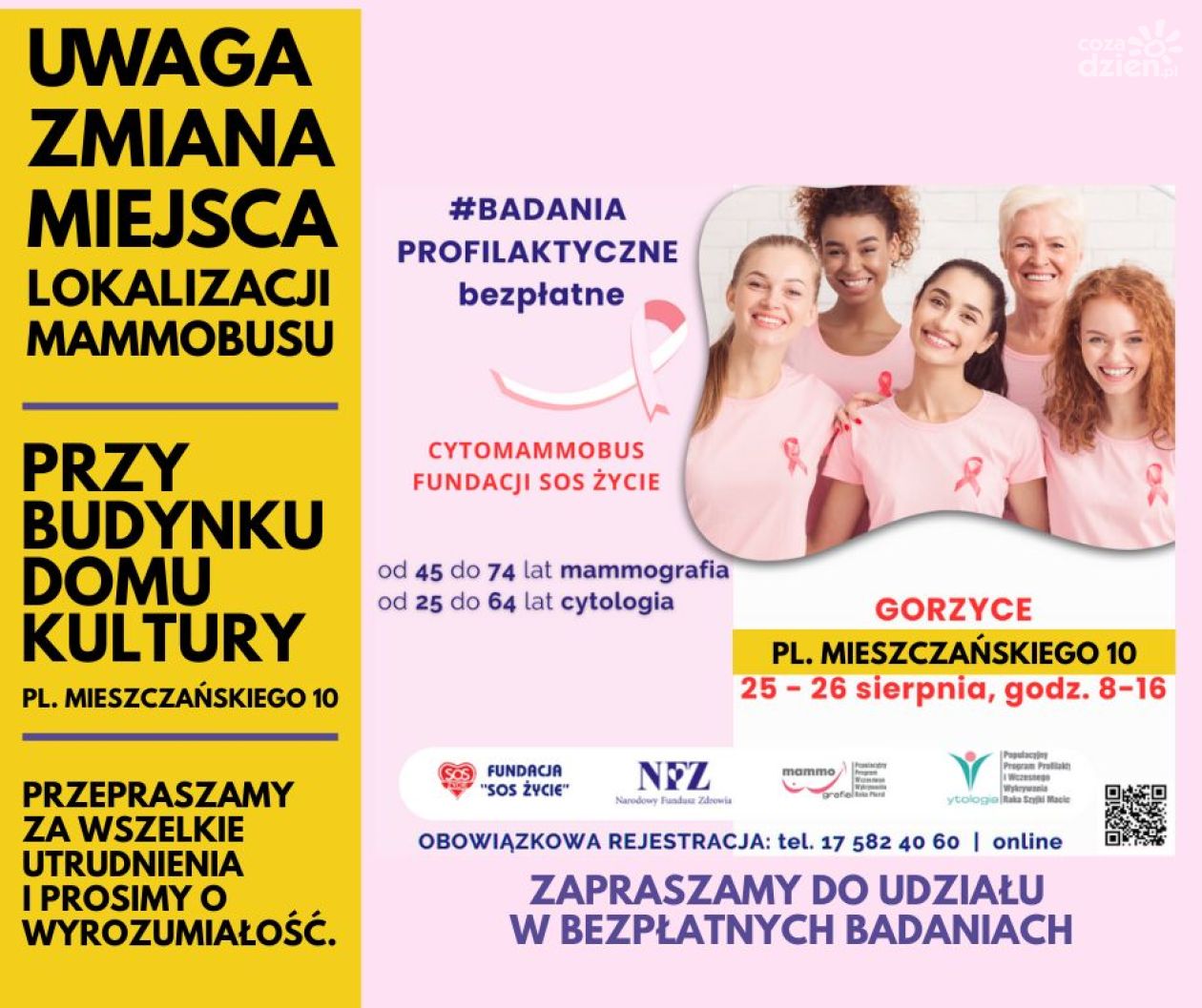 Zmiana lokalizacji mammobusu w Gorzycach. Badania profilaktyczne już 25 i 26 sierpnia
