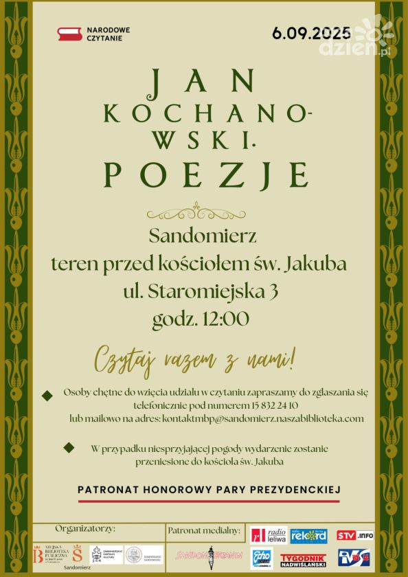 Narodowe Czytanie w Sandomierzu – w tym roku poezja Jana Kochanowskiego