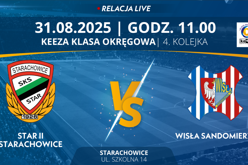 Mecz 4. Kolejki KEEZA Klasy Okręgowej: Star II Starachowice - Wisła Sandomierz (RELACJA LIVE)
