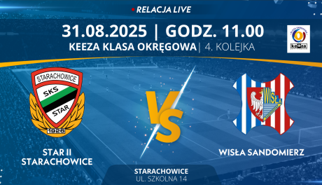 Mecz 4. Kolejki KEEZA Klasy Okręgowej: Star II Starachowice - Wisła Sandomierz (RELACJA LIVE)