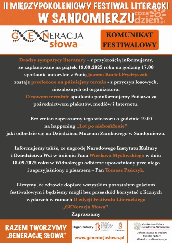 Zmiany w programie Festiwalu Literackiego „GENeracja Słowa” w Sandomierzu