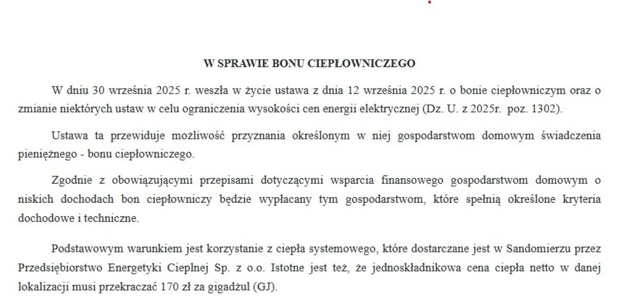 Bon ciepłowniczy – wsparcie dla gospodarstw domowych w Sandomierzu