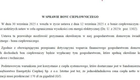 Bon ciepłowniczy – wsparcie dla gospodarstw domowych w Sandomierzu